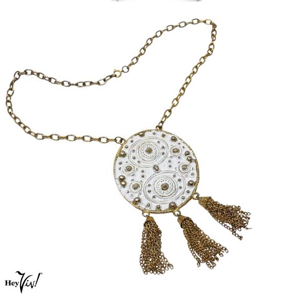 Vintage Necklace Large 3" Medallion Statement Chunky Piece Chain Fringe -Hey Viv - Picture 2 of 6